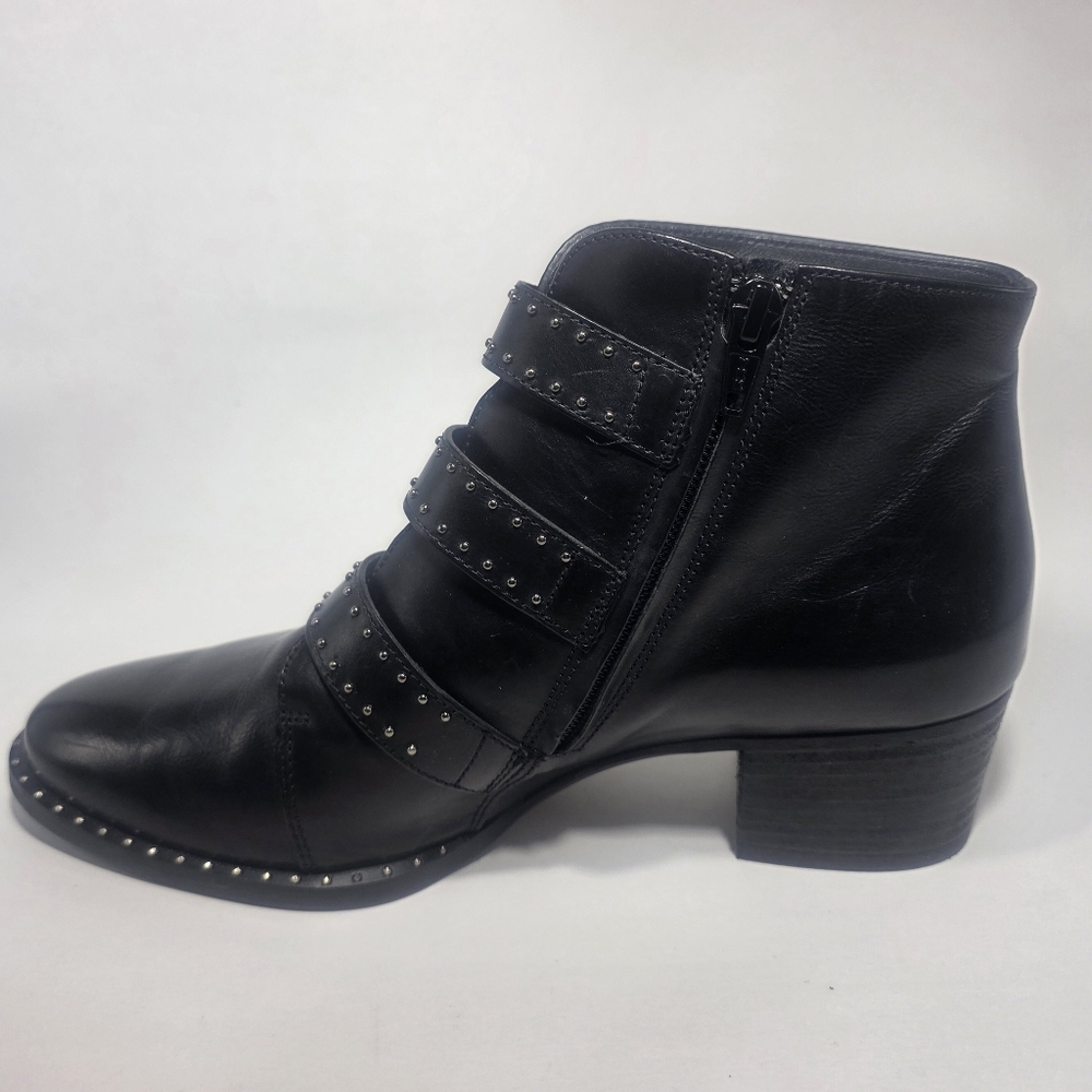 Paul Green Women’s Black Leather Studded Buckle Ankle Boots Size 5 Block Heel - Picture 2 of 6